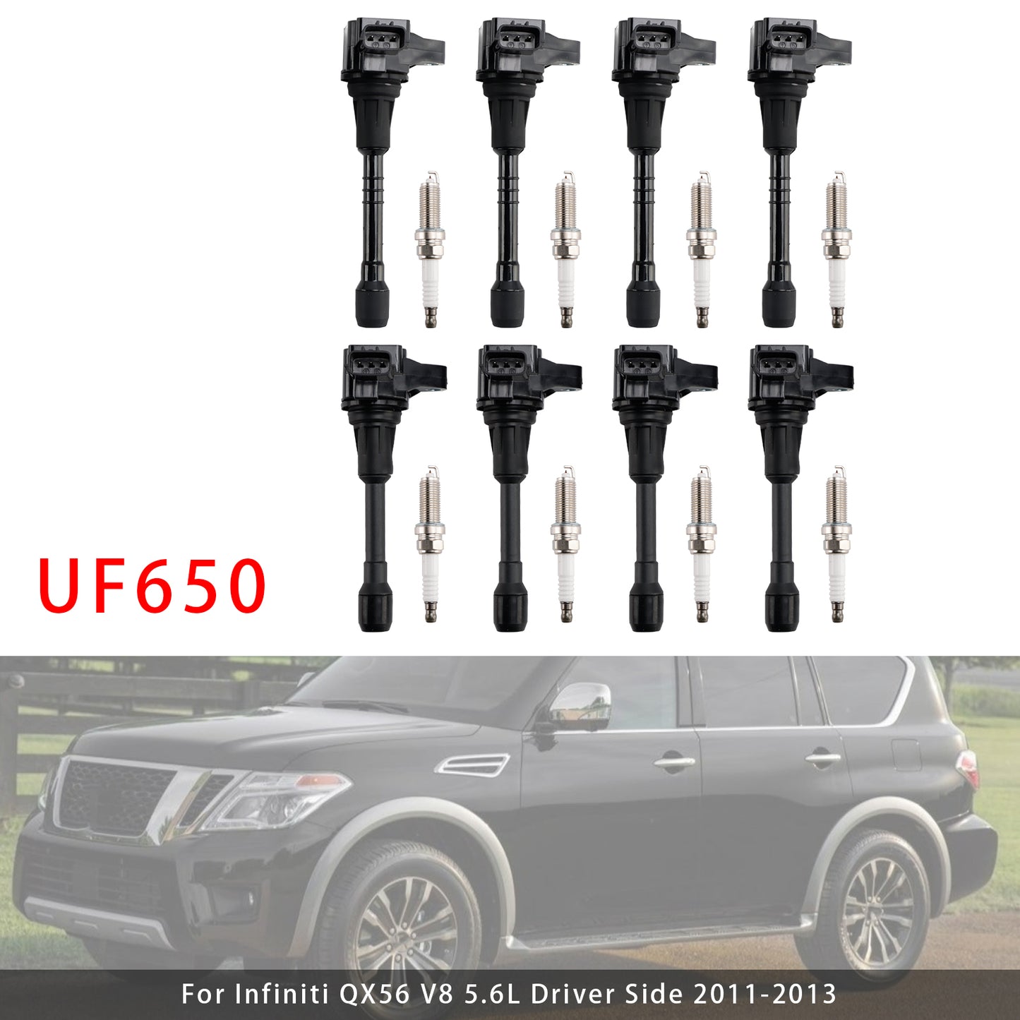 Kit bobina di accensione e candela UF650 per Infiniti QX80 V8 5.6L Front Bank 8X 2018-2019