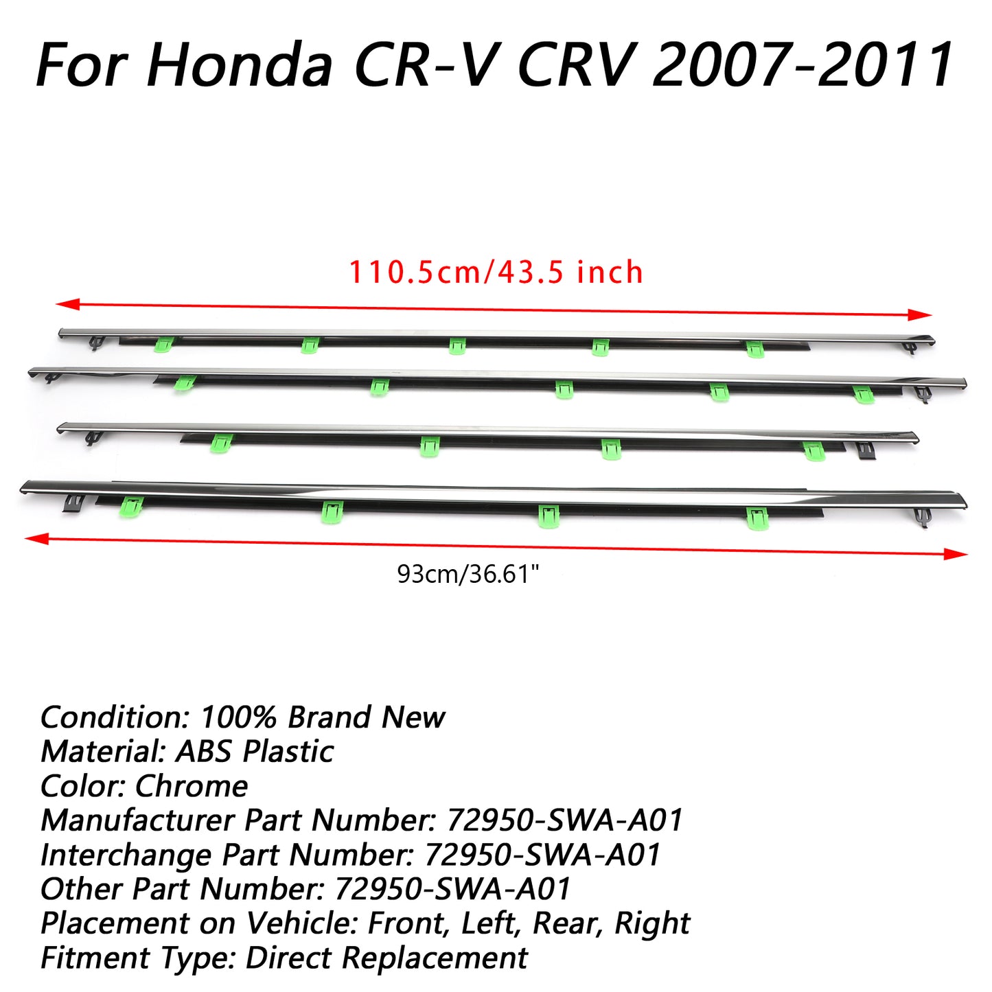 2007-2011 Honda CR-V CRV 72950-SWA-A01 4 pezzi guarnizioni finestrino