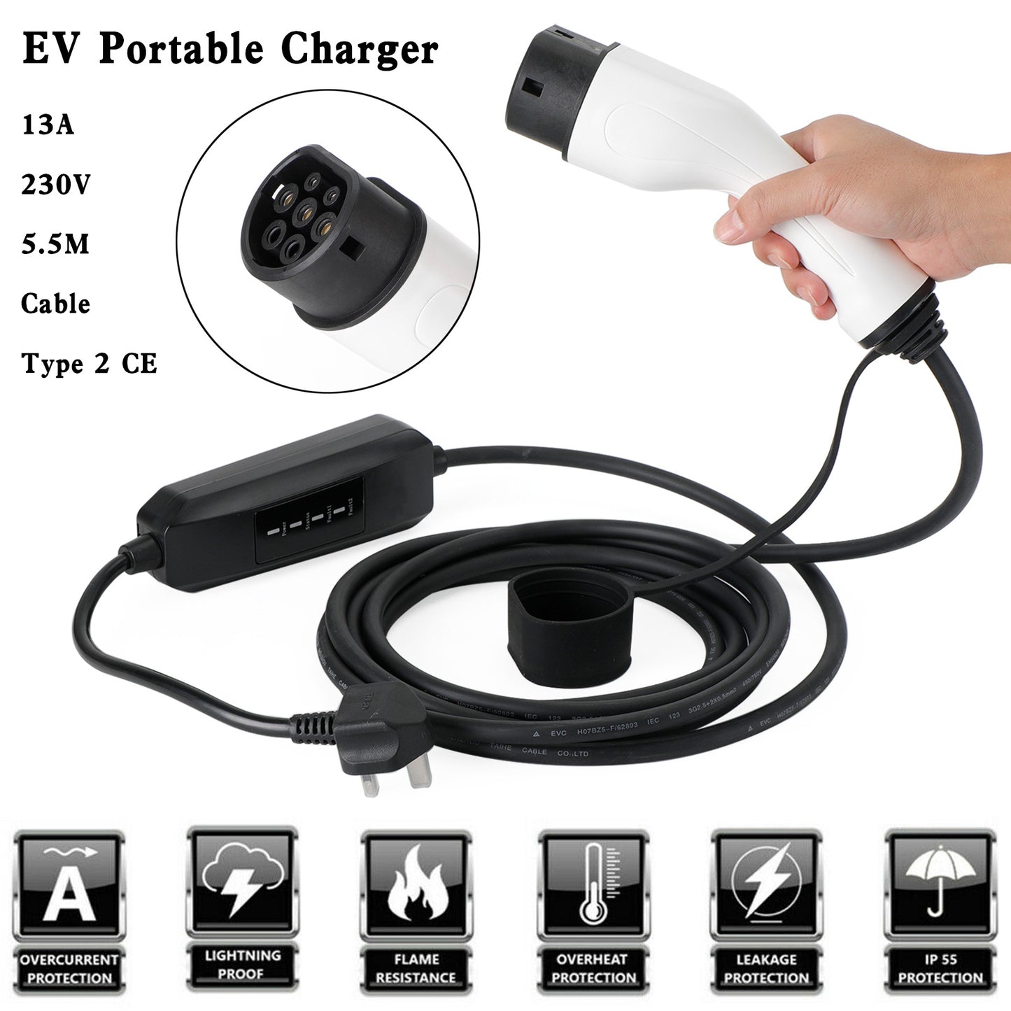 Protable 13A EV Cavo di Ricarica Tipo 2 Spina UK 3 Pin Caricatore per Auto Elettrica 5.5M