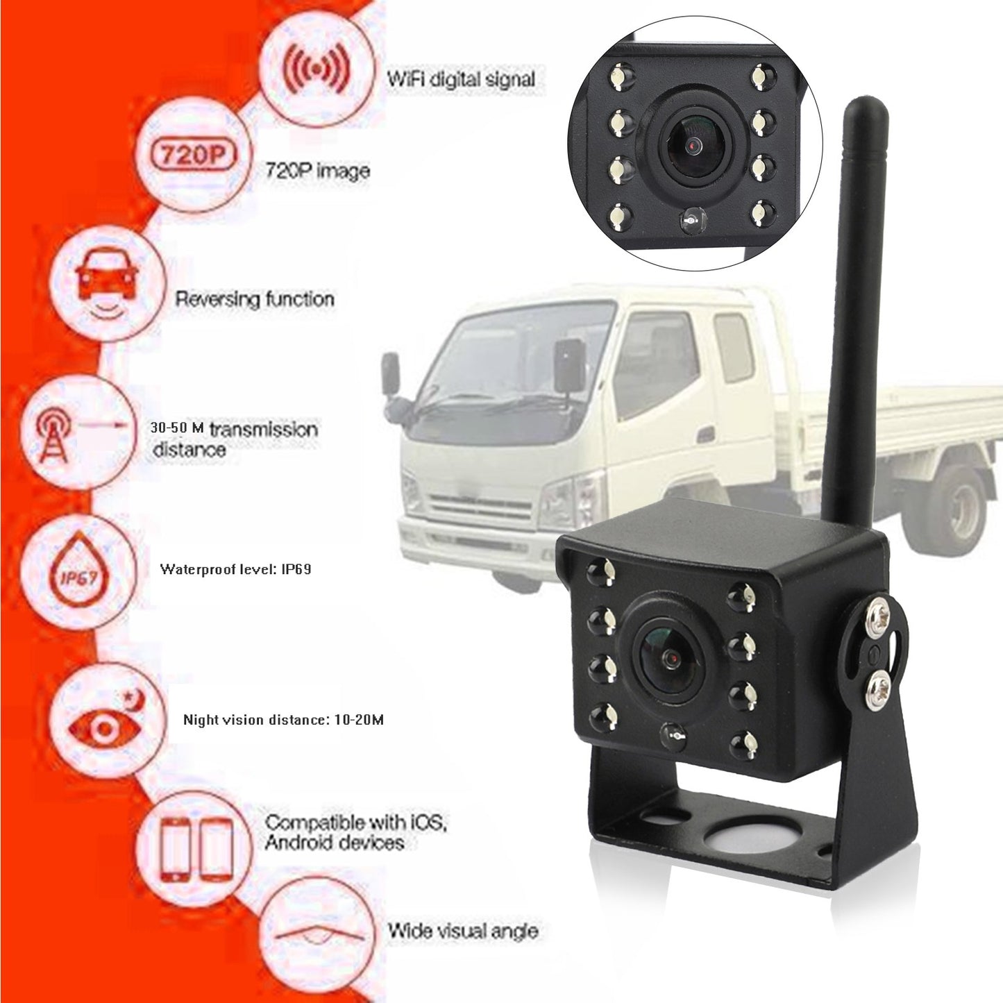 WiFi Wireless Car Truck RV Trailer Vista posteriore Telecamera di backup CCTV per iOS Android