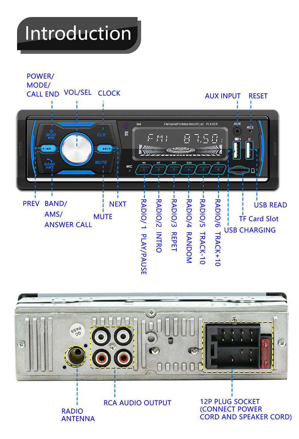 Autoradio Stereo 1Din Bluetooth FM Audio Lettore musicale DAB/MP3/USB/AUX In-dash