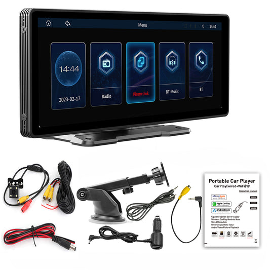 Lettore MP5 per auto FM con radio stereo Bluetooth wireless Carplay da 10,26 pollici + fotocamera a 4 LED