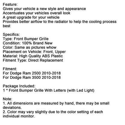 Dodge Ram 2500/3500 Laramie 2010-2018 con griglia paraurti anteriore cromata con luci a LED