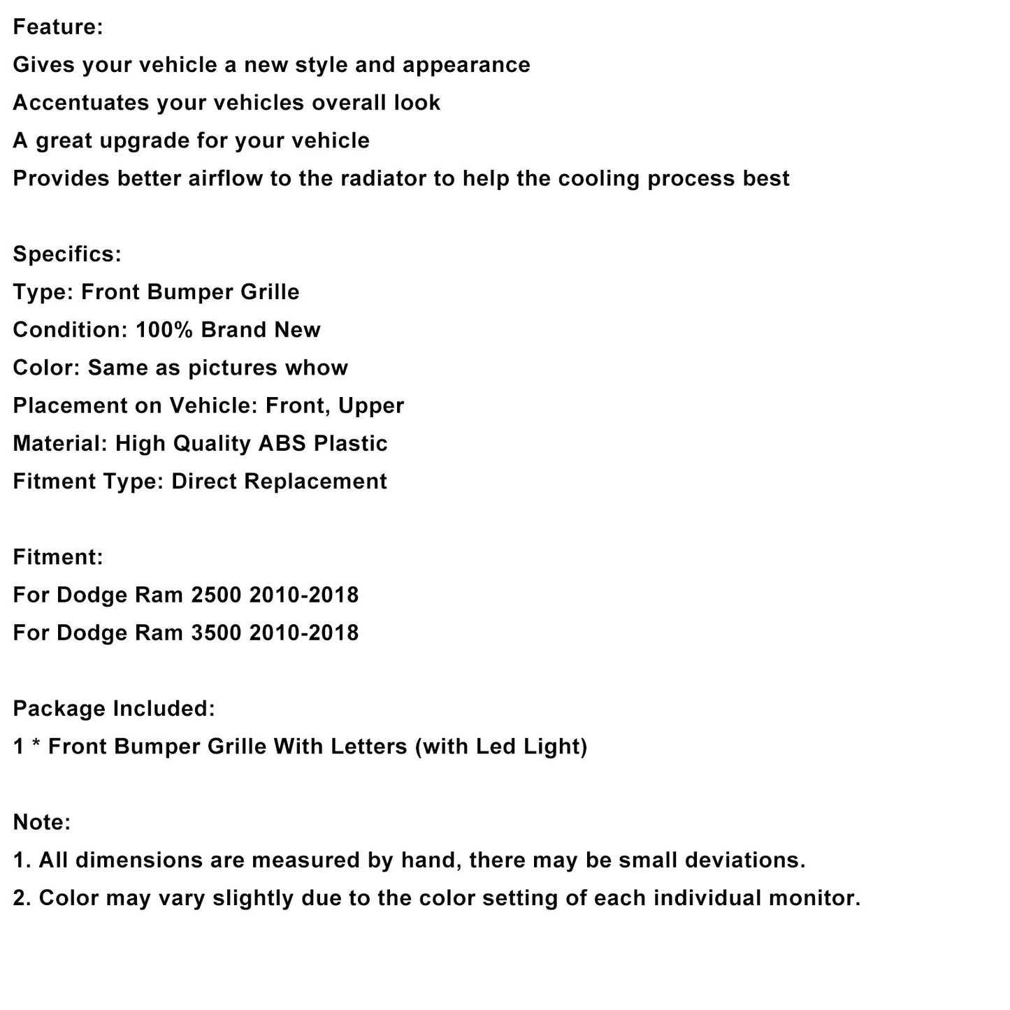 Dodge Ram 2500/3500 Laramie 2010-2018 con griglia paraurti anteriore nera con luci a LED