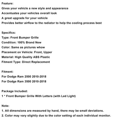 Dodge Ram 2500/3500 Laramie 2010-2018 con griglia paraurti anteriore nera con luci a LED