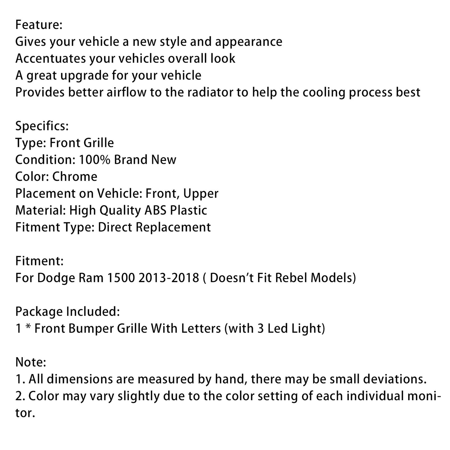 Griglia paraurti anteriore stile Big Horn Dodge Ram 1500 2013-2018 cromata