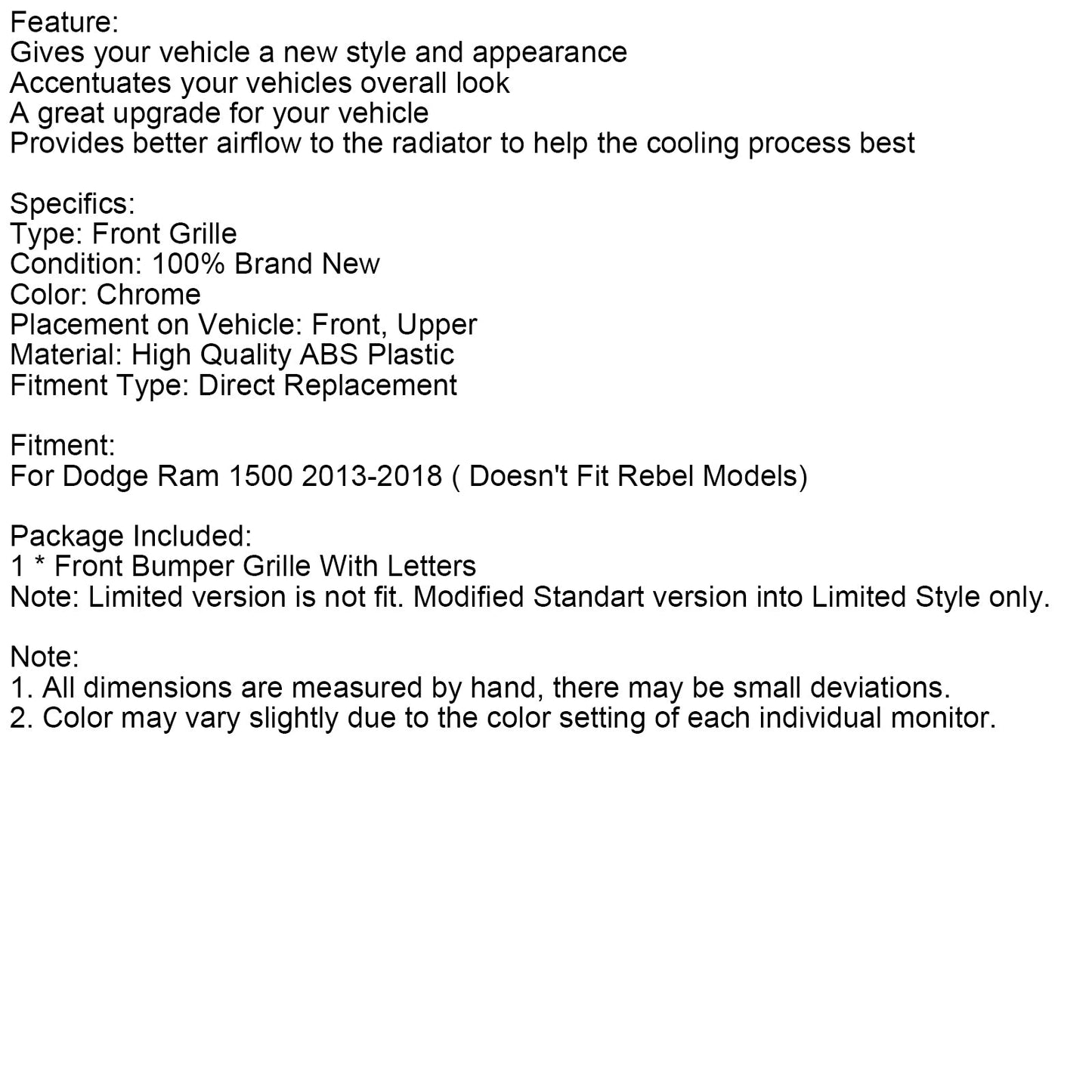 Griglia paraurti anteriore cromata Dodge Ram 1500 LTD Style 2013-2018