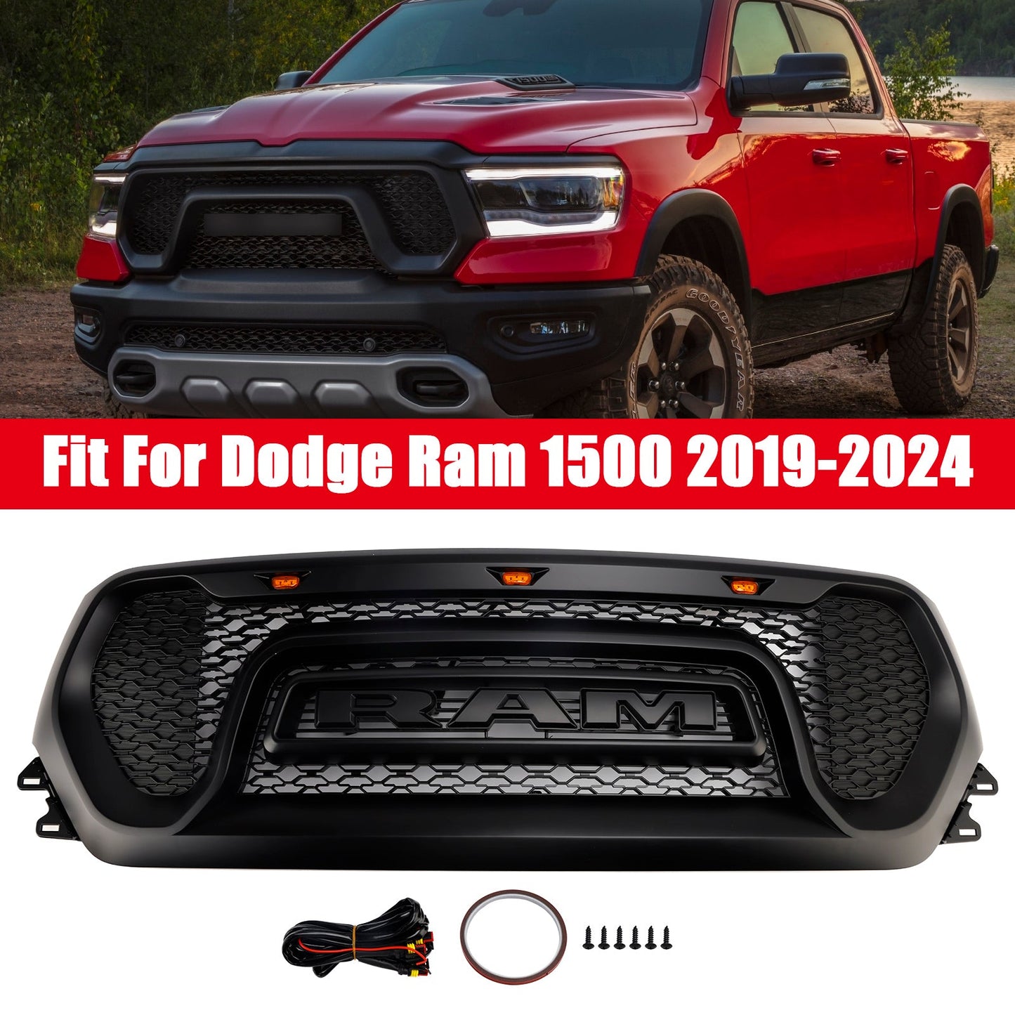 Griglia superiore del cofano a nido d'ape nera per Dodge Ram 1500 2019-2024