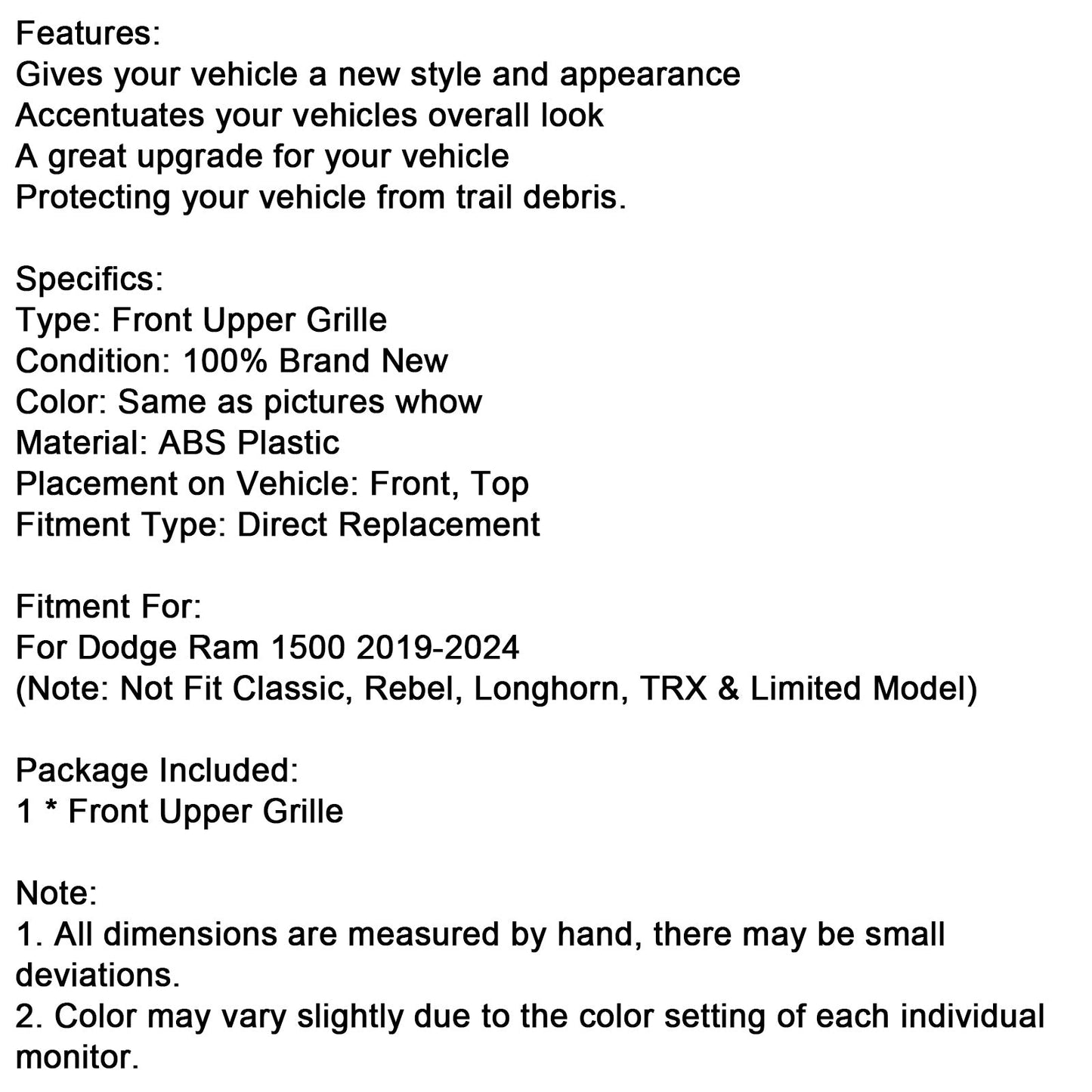 Griglia superiore del cofano a nido d'ape nera per Dodge Ram 1500 2019-2024