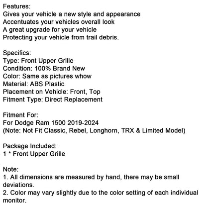 Griglia superiore del cofano a nido d'ape nera per Dodge Ram 1500 2019-2024