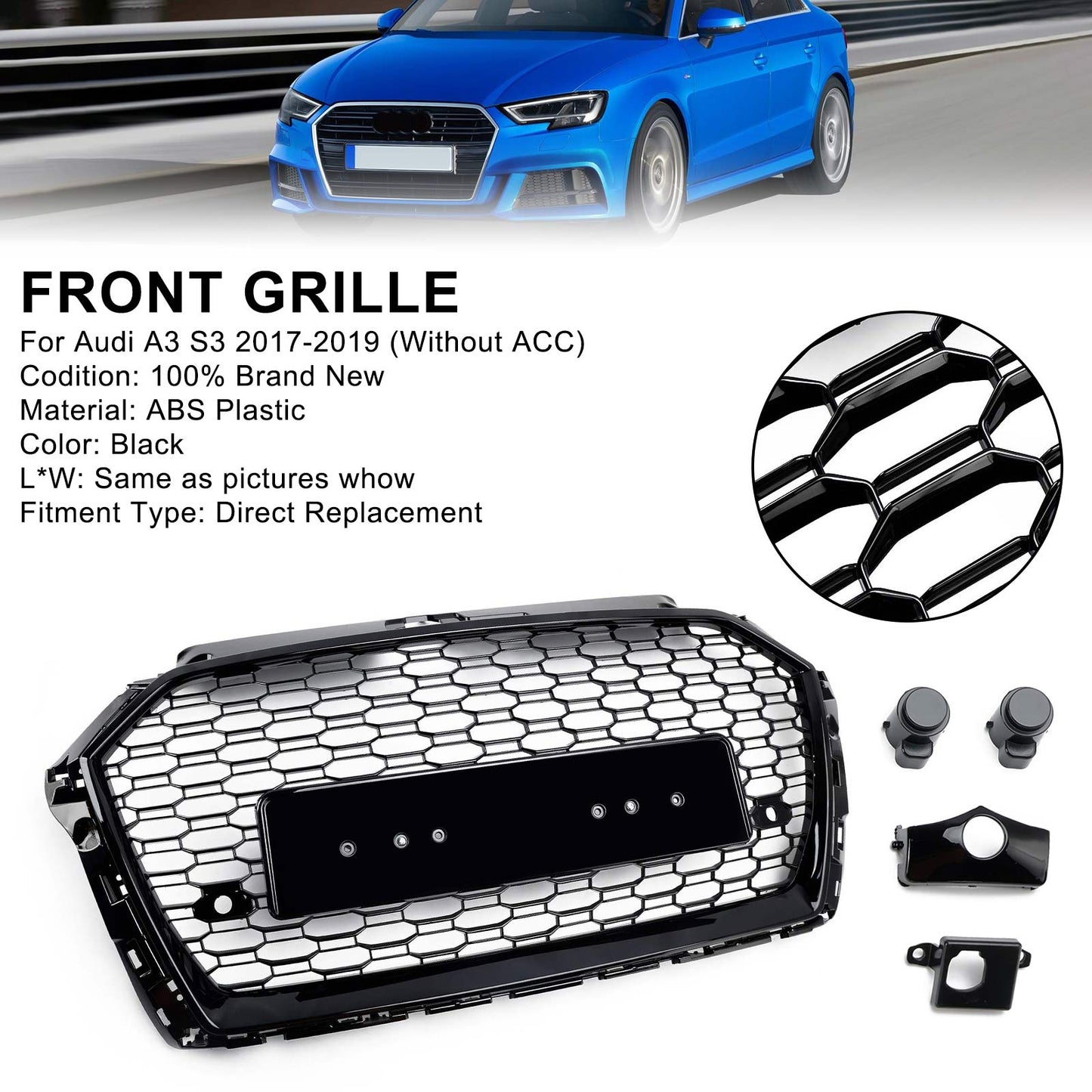 Griglia Anteriore a Nido d’Ape Nero Lucido RS3 Style per Audi A3 8V 2017-2019