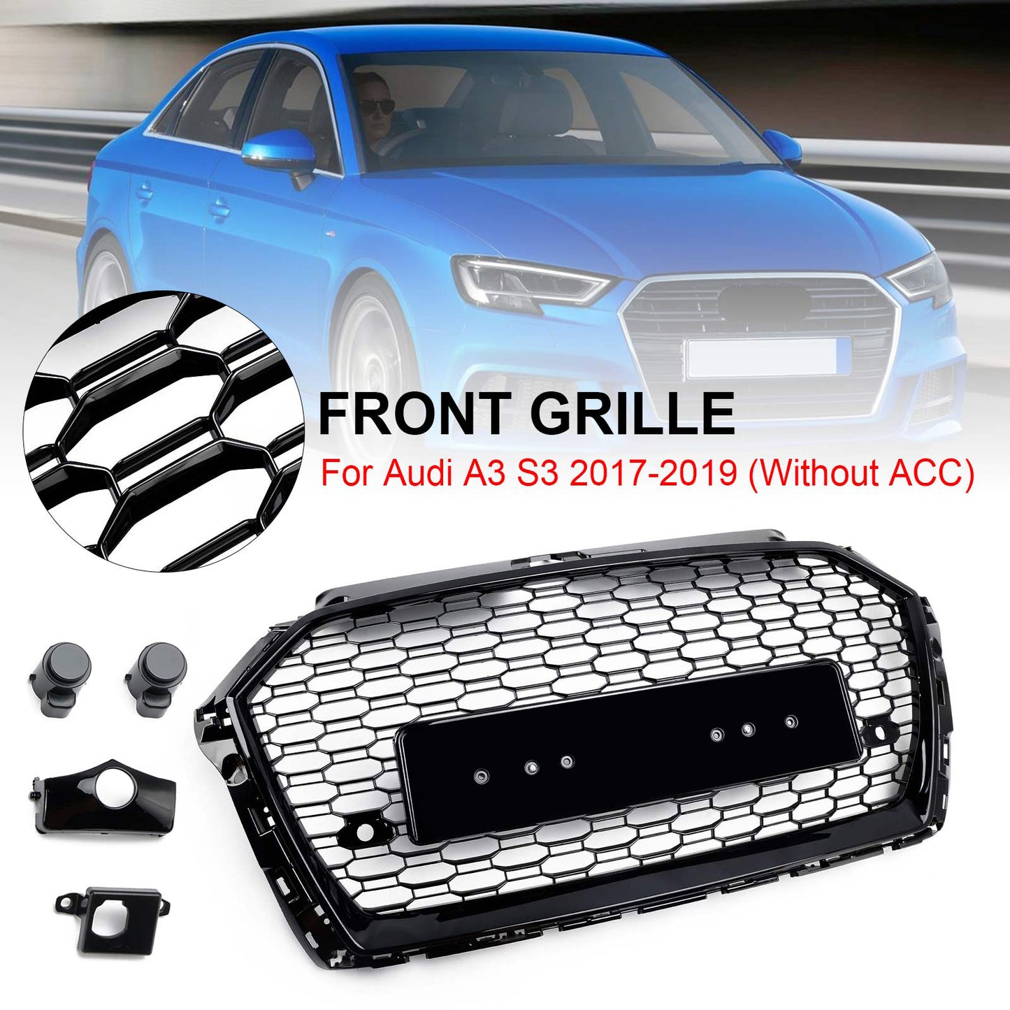 Griglia Anteriore a Nido d’Ape Nero Lucido RS3 Style per Audi A3 8V 2017-2019
