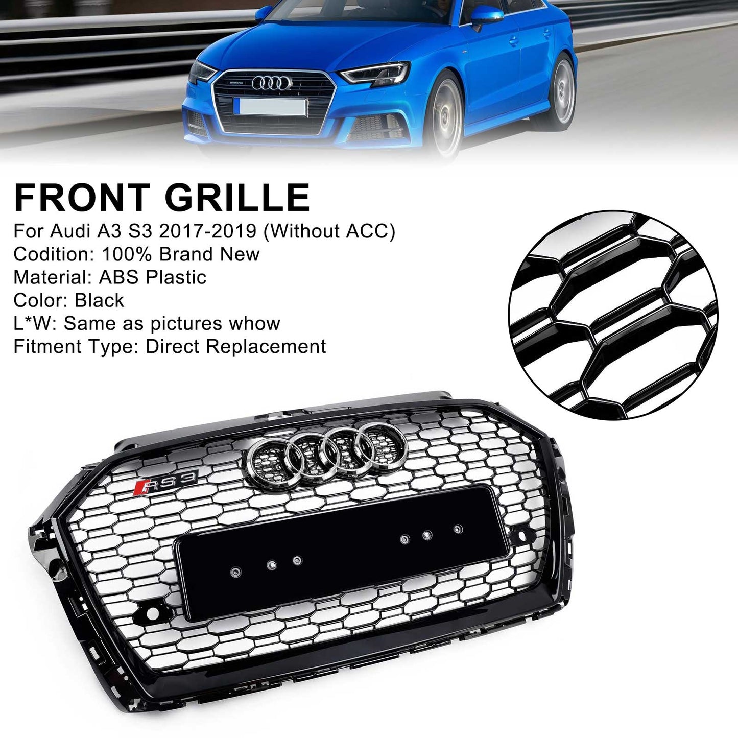 Griglia del paraurti anteriore in maglia a nido d'ape stile Audi A3 8V RS3 2017-2019 nera