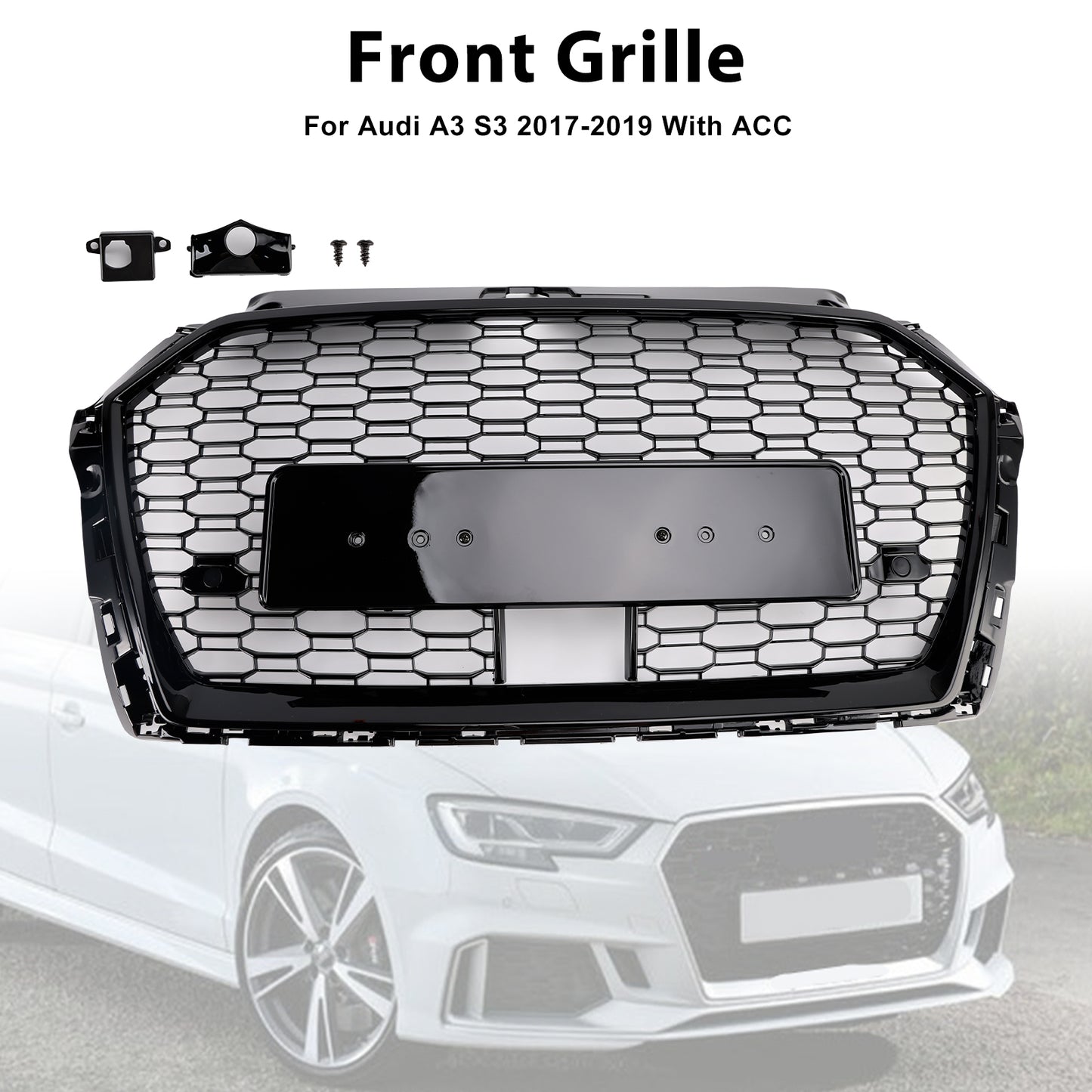 Griglia anteriore a nido d'ape Audi A3 S3 W/ACC RS3 Style 2017-2019, nera