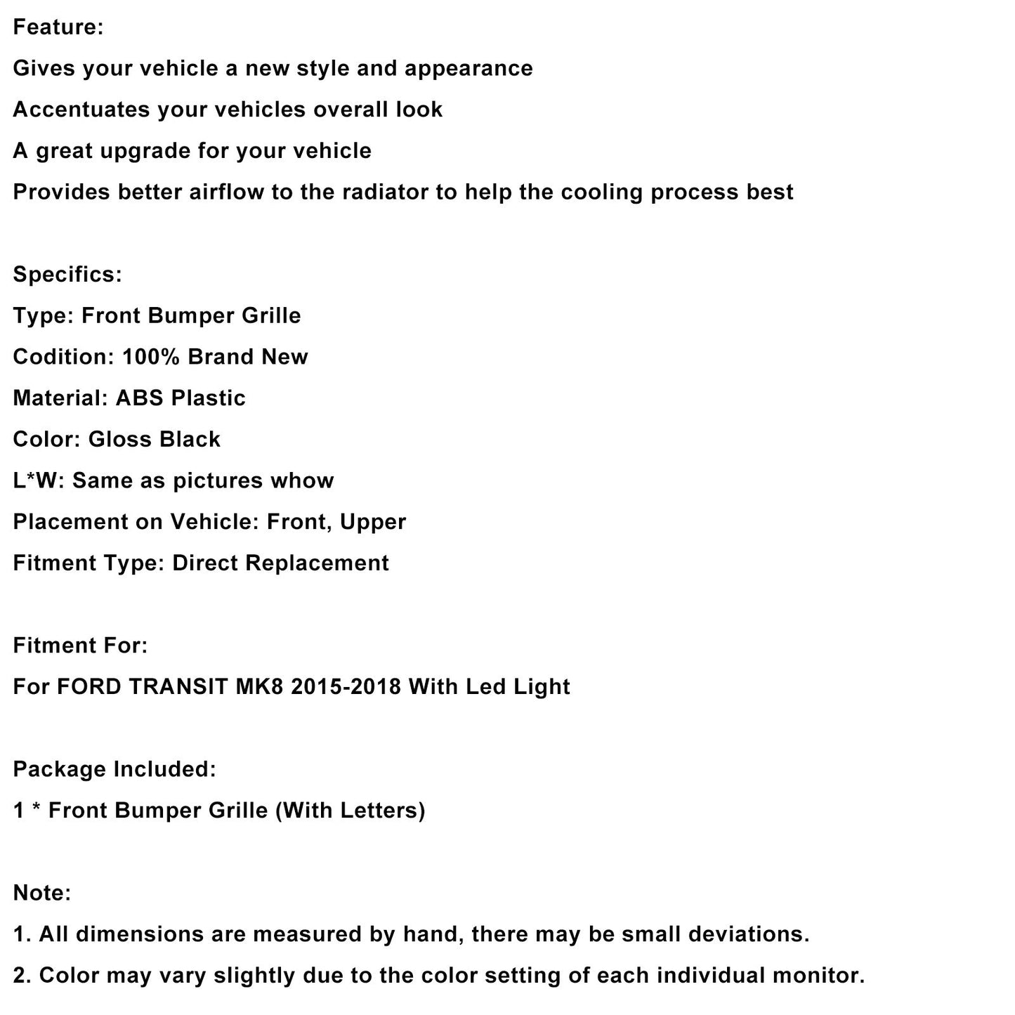 Griglia paraurti anteriore nera lucida Ford Transit MK8 Raptor 2015-2018 con LED