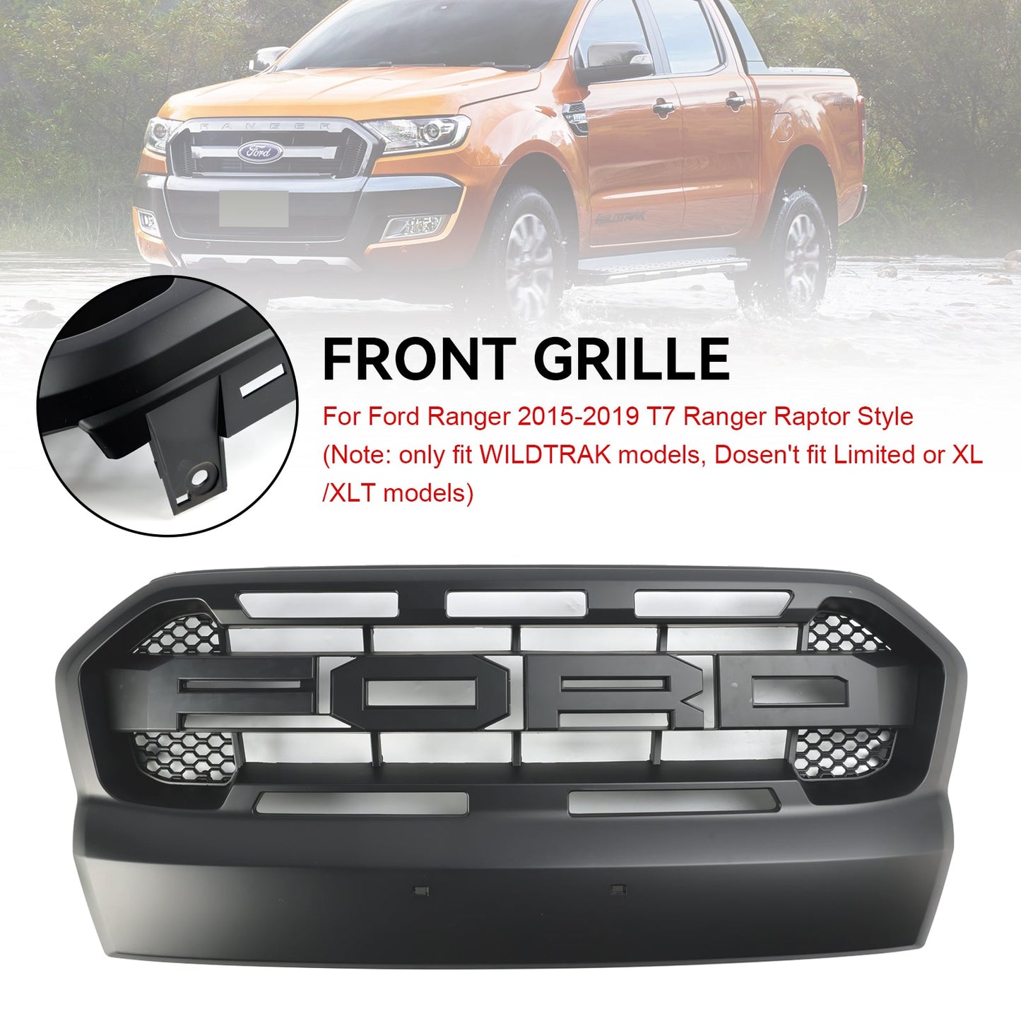 Griglia paraurti anteriore stile Ranger Raptor nero opaco Ford Ranger T7 2015-2019