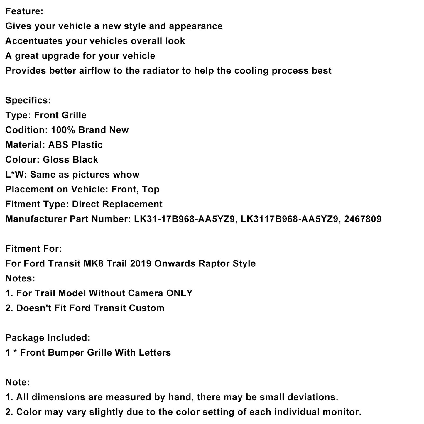 Griglia paraurti anteriore Ford Transit MK8 Trail Raptor Style dal 2019 in poi 2467809