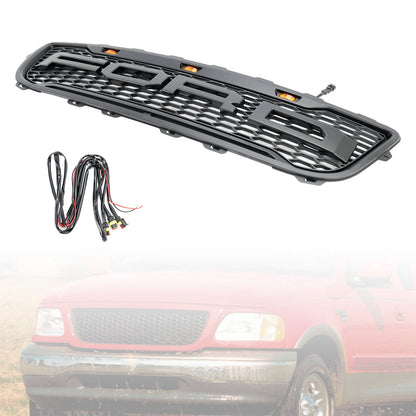 Griglia paraurti anteriore a nido d'ape nera opaca stile Raptor per Ford F150 1999-2003 con LED