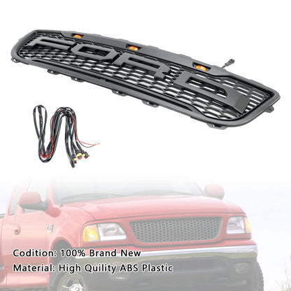 Griglia paraurti anteriore a nido d'ape nera opaca stile Raptor per Ford F150 1999-2003 con LED