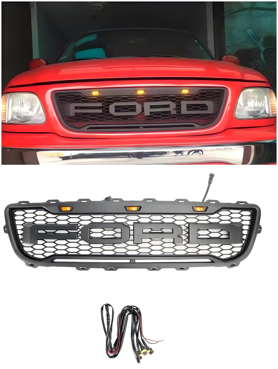 Griglia paraurti anteriore a nido d'ape nera opaca stile Raptor per Ford F150 1999-2003 con LED