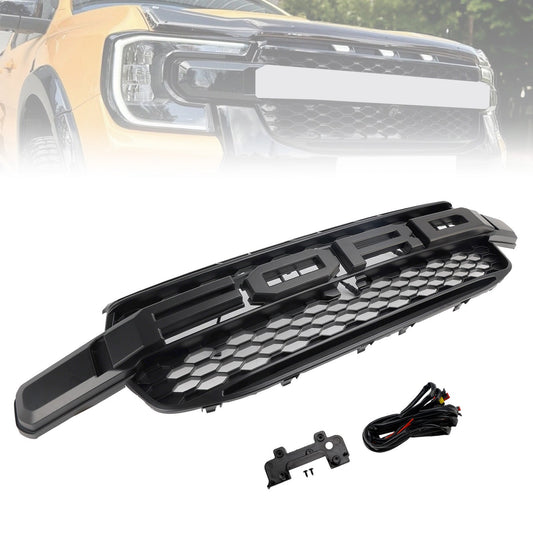 Per 2023-2024 Ford Ranger/Everest Next Gen T9 Raptor Style Griglia paraurti anteriore sostitutiva Griglia nera con luce LED bianca