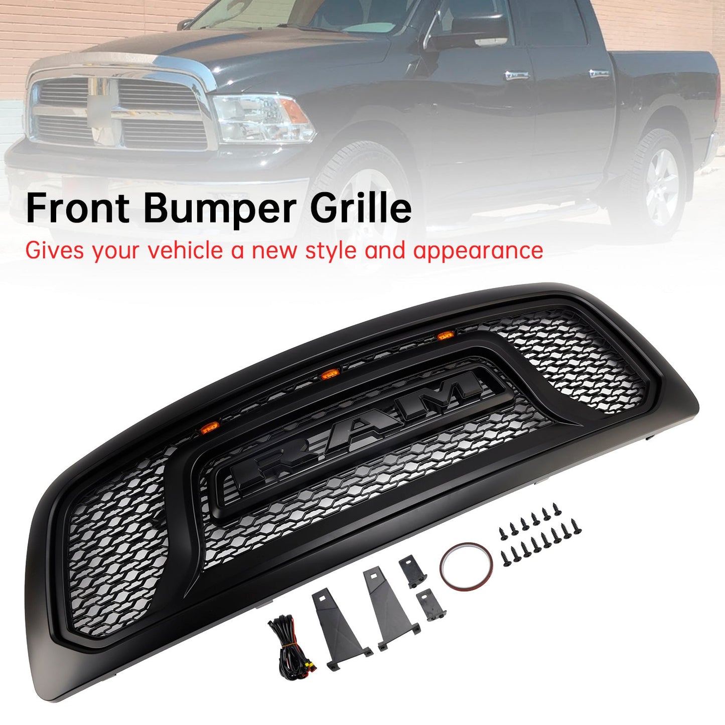 Griglia paraurti anteriore nera con luce a LED per Dodge Ram 1500 2009-2012