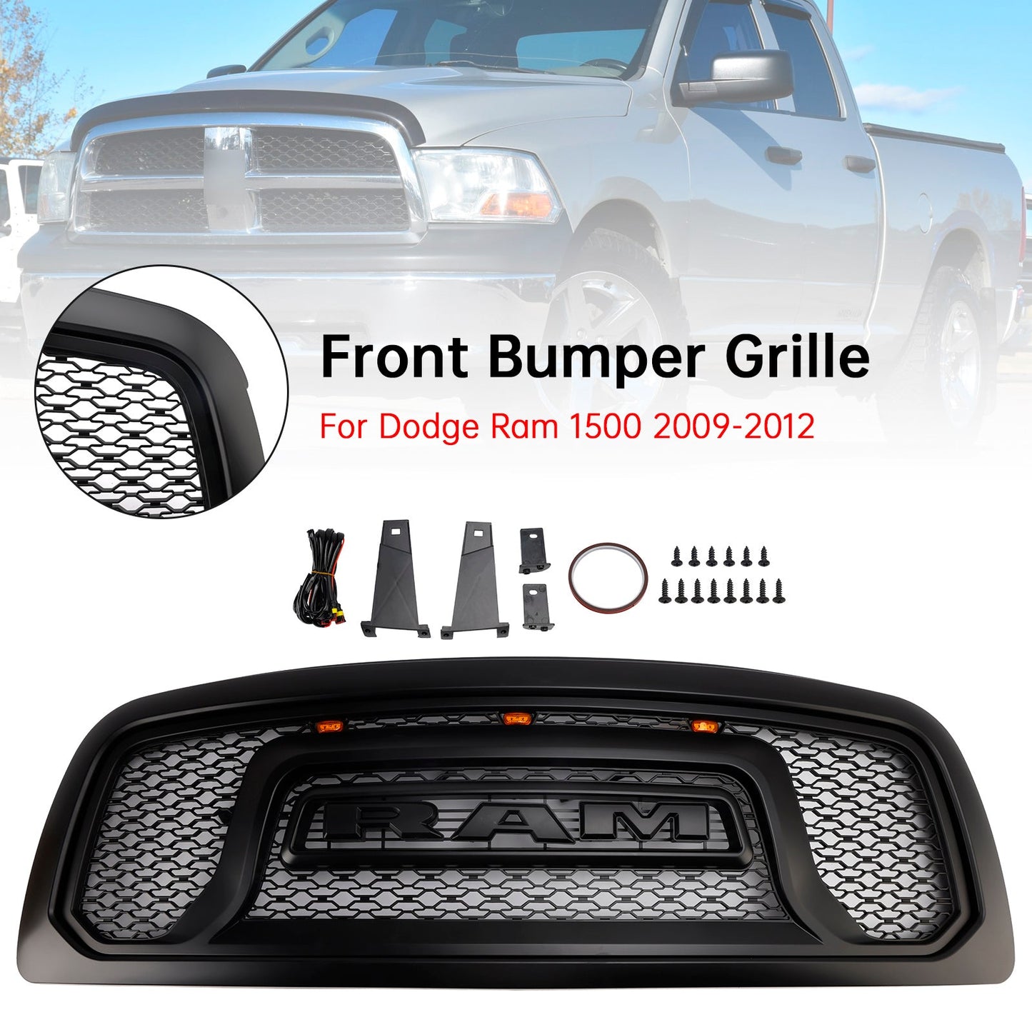 Griglia paraurti anteriore nera con luce a LED per Dodge Ram 1500 2009-2012