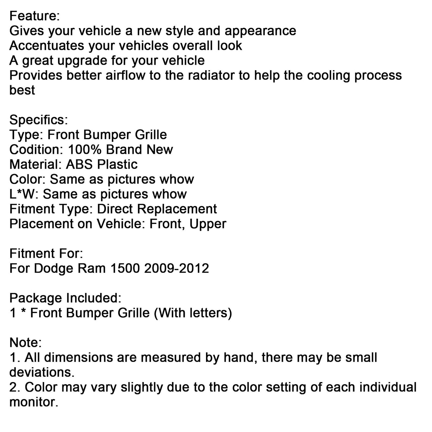 Griglia paraurti anteriore nera con luce a LED per Dodge Ram 1500 2009-2012