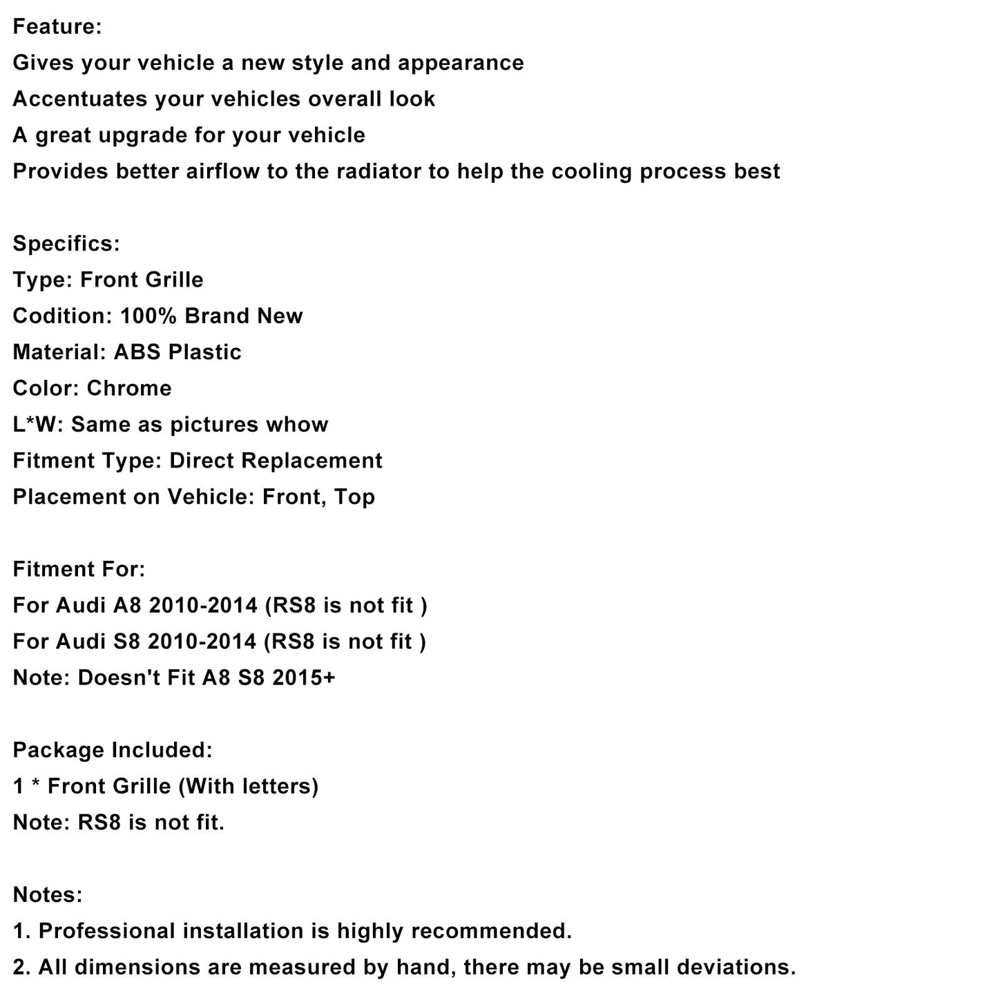 Griglia del radiatore cromata per paraurti anteriore Audi A8 S8 2010-2014