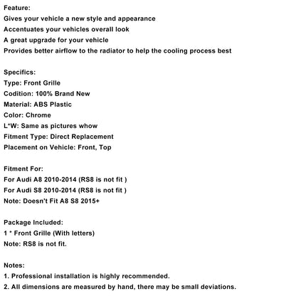 Griglia del radiatore cromata per paraurti anteriore Audi A8 S8 2010-2014