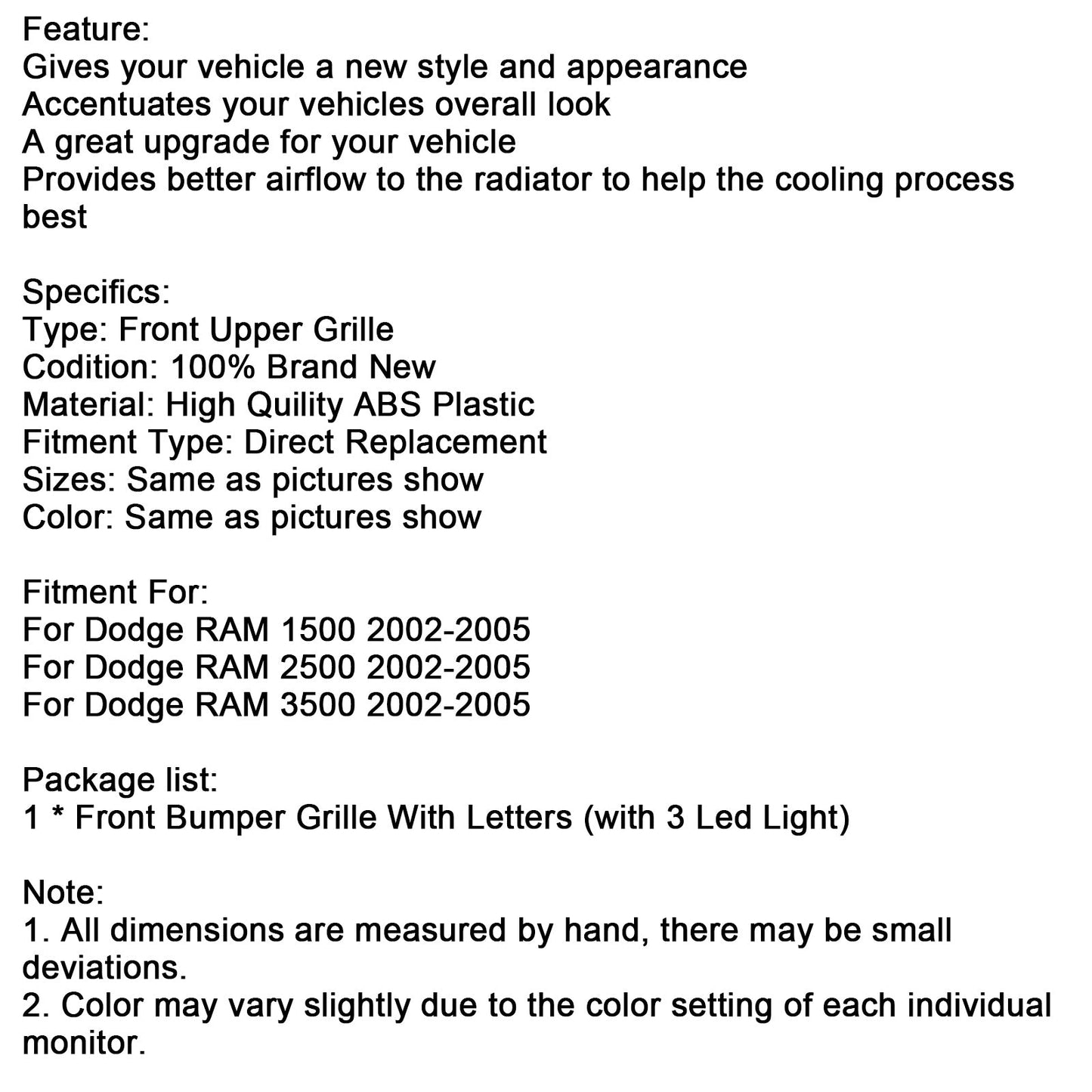 Griglia paraurti anteriore stile Rebel Dodge RAM 1500/2500/3500 2002-2005