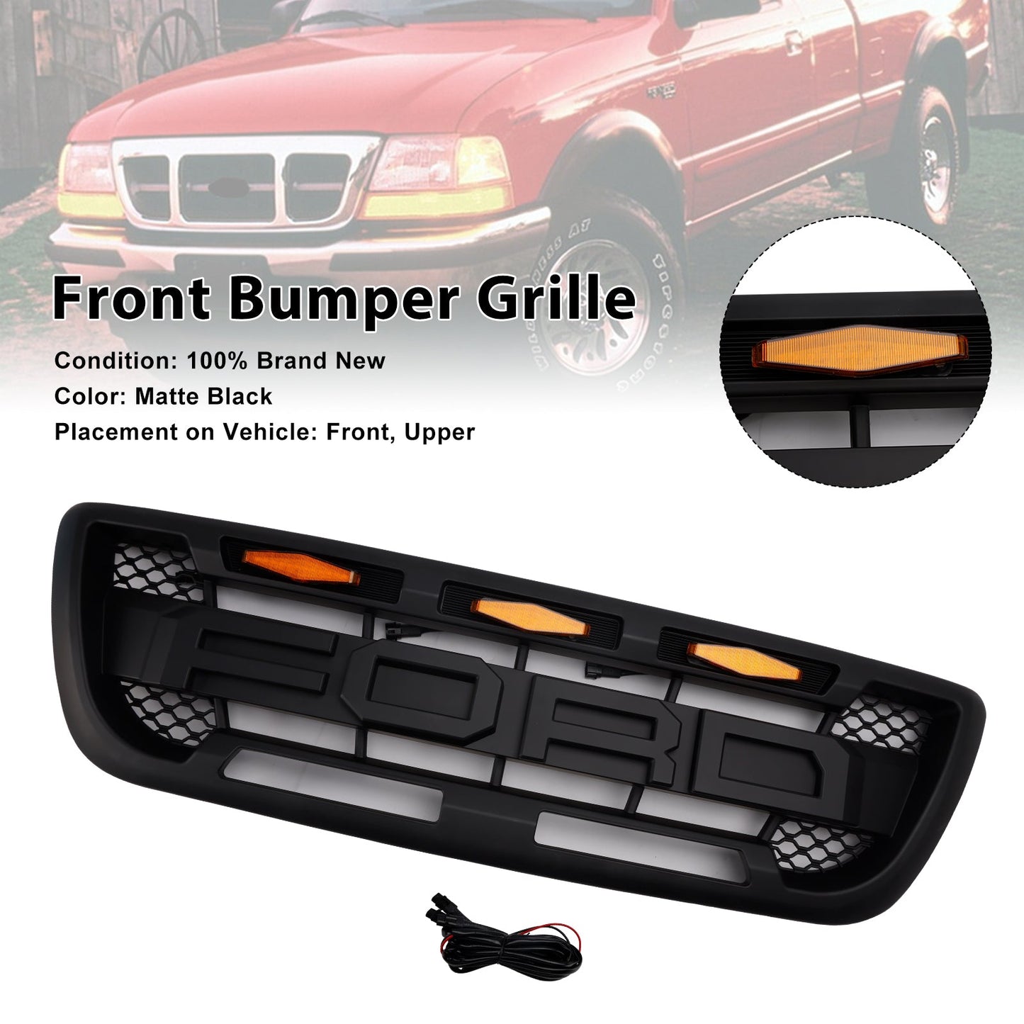 Griglia paraurti anteriore nera opaca Ford Ranger 1998-2000 con luce a LED