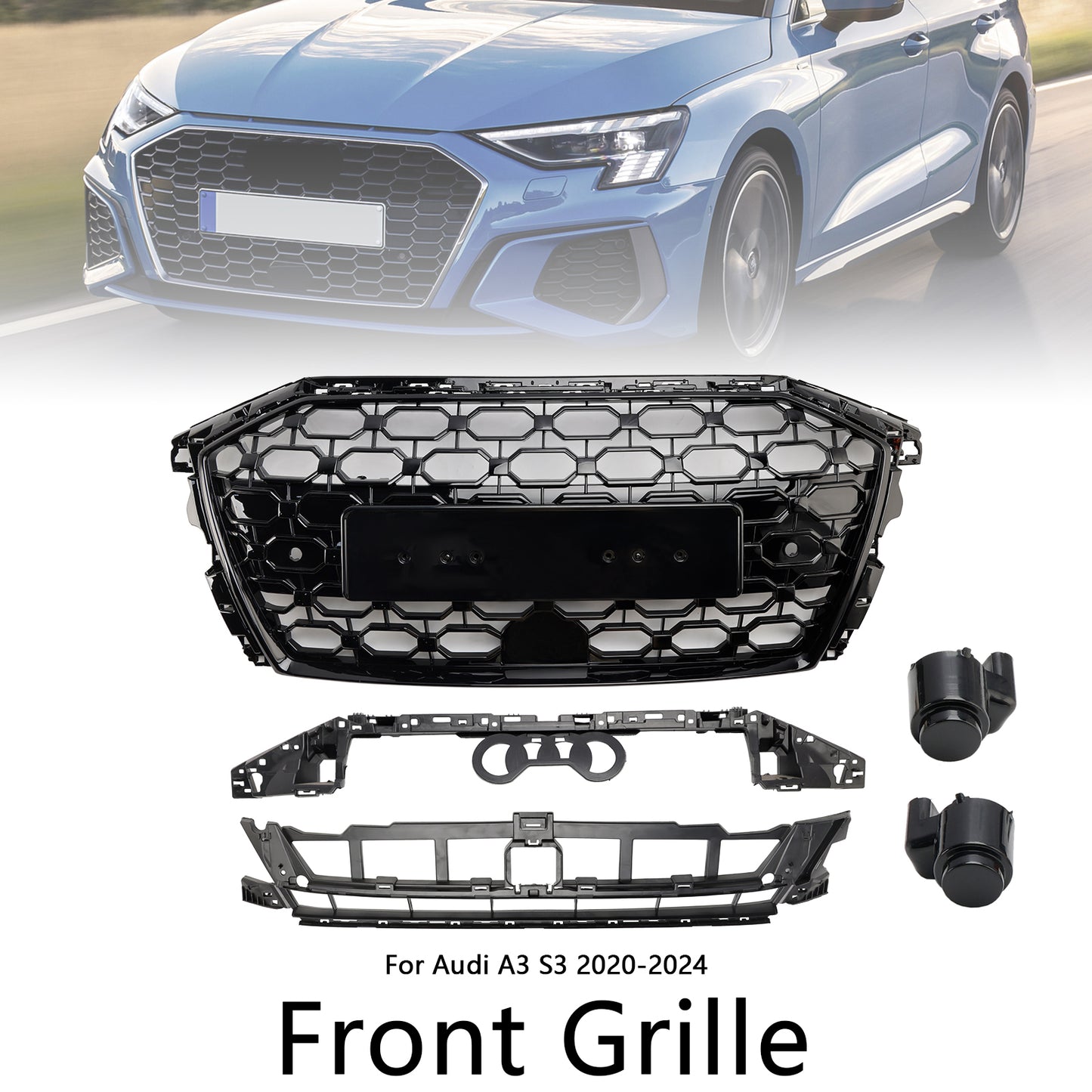 Griglia sostitutiva nera a nido d'ape per paraurti anteriore stile Audi A3/A3 Sline/S3 RS3 2020-2024
