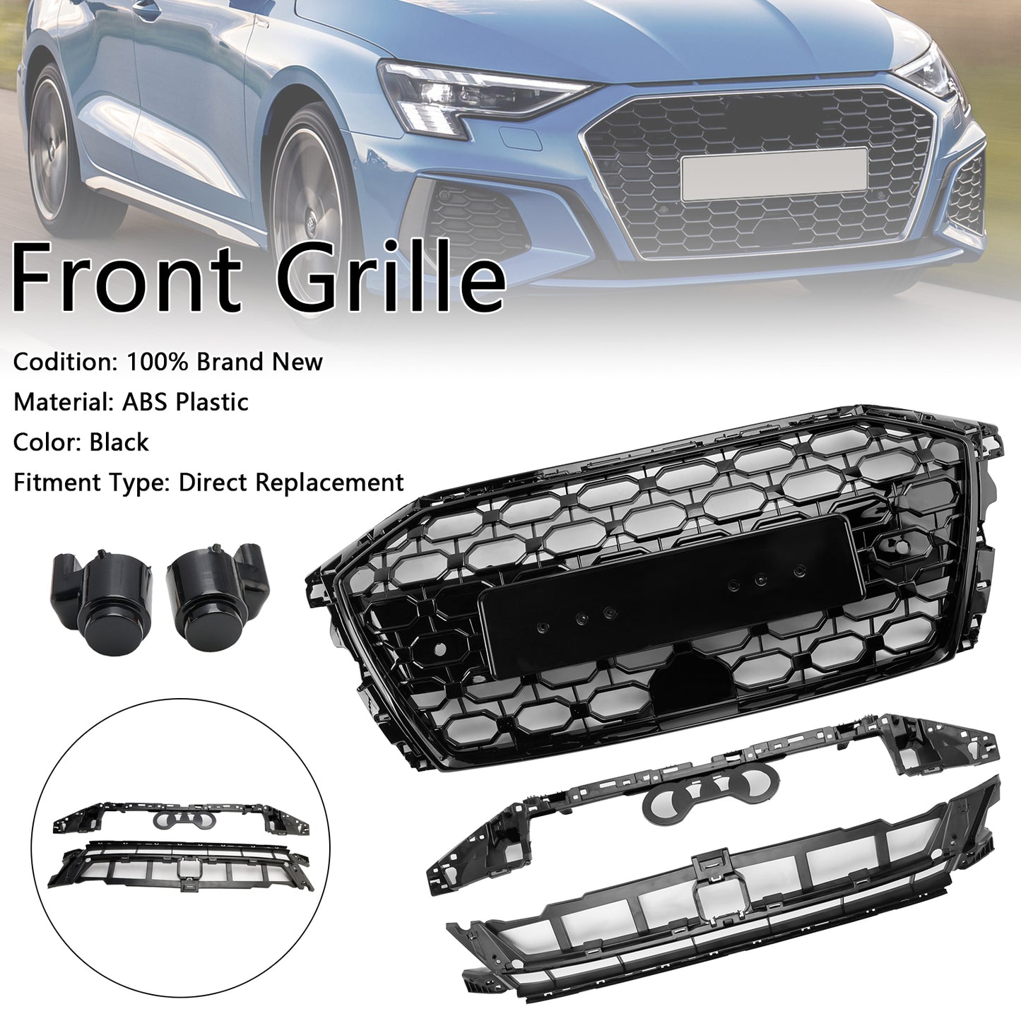 Griglia sostitutiva nera a nido d'ape per paraurti anteriore stile Audi A3/A3 Sline/S3 RS3 2020-2024