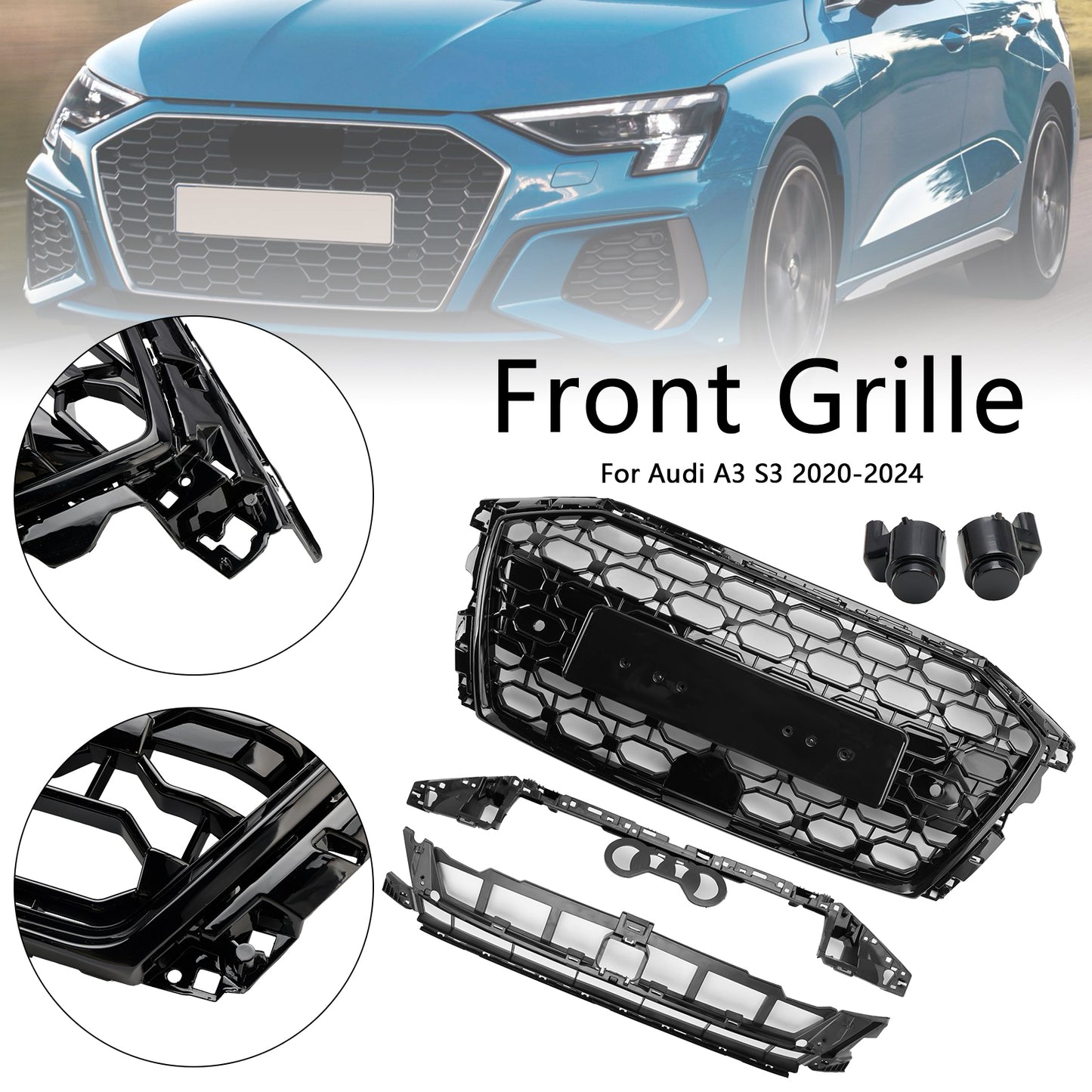 Griglia sostitutiva nera a nido d'ape per paraurti anteriore stile Audi A3/A3 Sline/S3 RS3 2020-2024