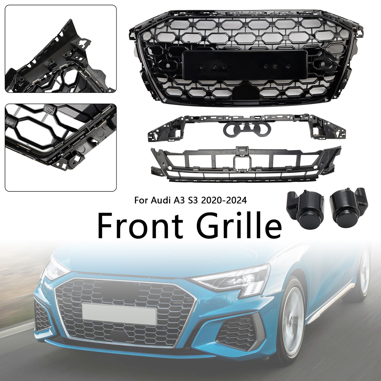 Griglia sostitutiva nera a nido d'ape per paraurti anteriore stile Audi A3/A3 Sline/S3 RS3 2020-2024