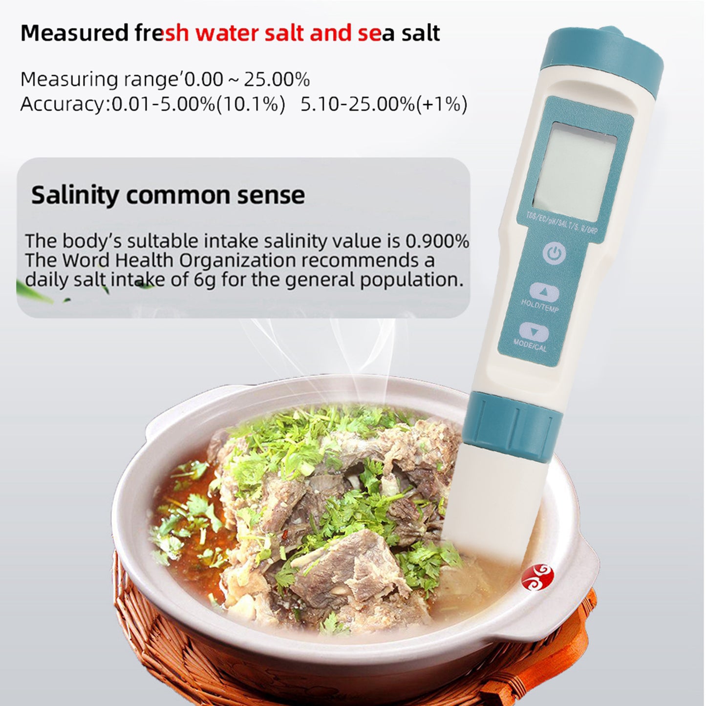 7 in 1 Digital Salinity PH TDS TEMP SG EC ORP Tester Misuratore di monitoraggio della qualità dell'acqua