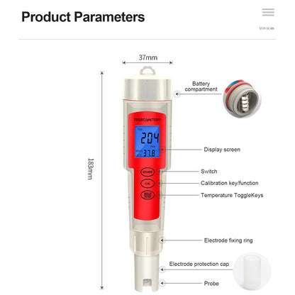 Tester per analisi della qualità dell'acqua con penna digitale 4In1 PH/TDS/EC/temperatura