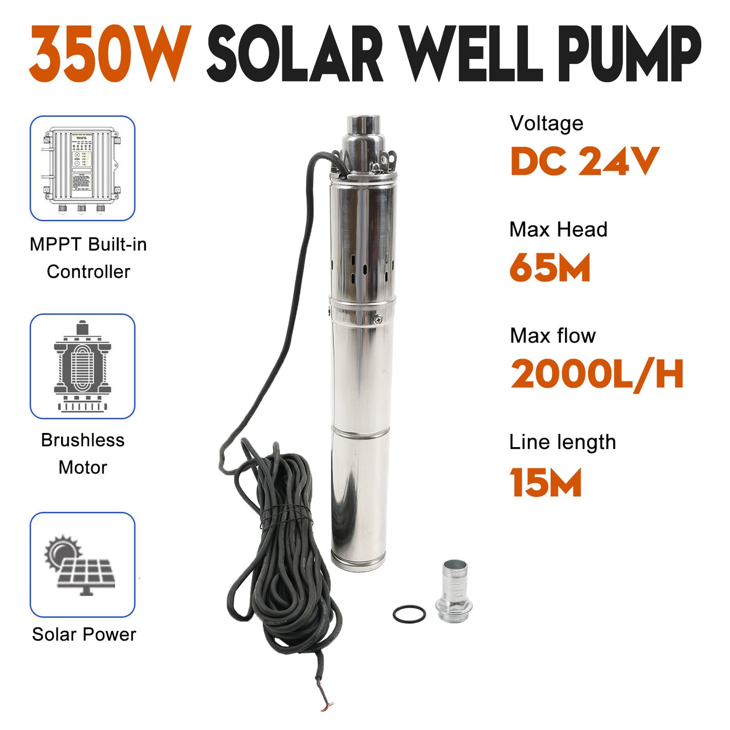 Pompa sommergibile per pozzo profondo da 3 "24 V 350 W MPPT a vite solare in acciaio