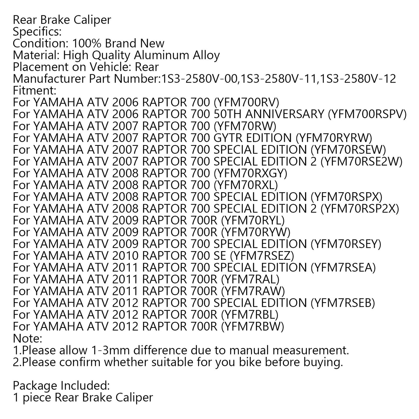 Pinza freno posteriore per Yamaha ATV Raptor 700 700R YFM700R 2006-2012 con pastiglie generiche