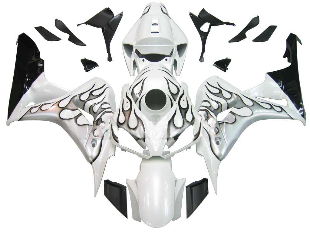 Amotopart Cladding Honda CBR1000RR 2006-2007 Cladding White e kit di memoria di gare di fiamma in argento nero