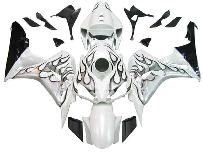 Amotopart Cladding Honda CBR1000RR 2006-2007 Cladding White e kit di memoria di gare di fiamma in argento nero