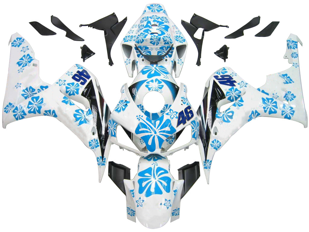 Amotopart Cladding Honda CBR1000RR 2006-2007 Cladding White e kit di memoria di corse di fiori blu