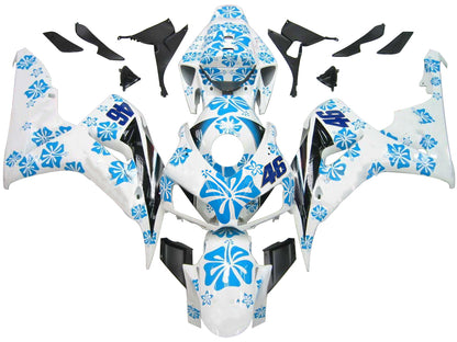 Amotopart Cladding Honda CBR1000RR 2006-2007 Cladding White e kit di memoria di corse di fiori blu