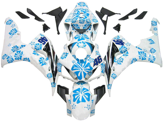 Amotopart Cladding Honda CBR1000RR 2006-2007 Cladding White e kit di memoria di corse di fiori blu