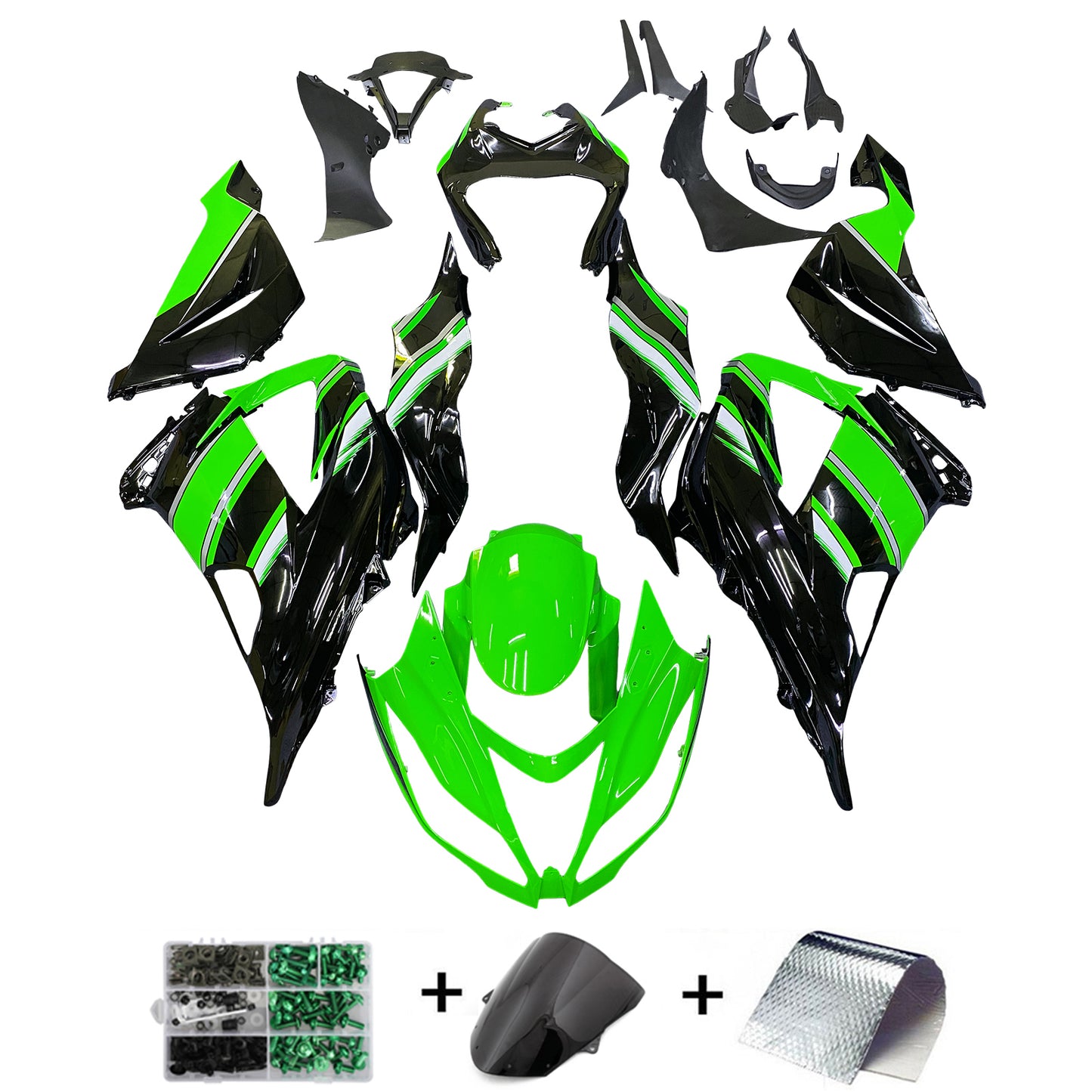 Amotopart Kawasaki ZX6R 2013-2018 Crittografia Kit di plastica di iniezione verde con kit bullone