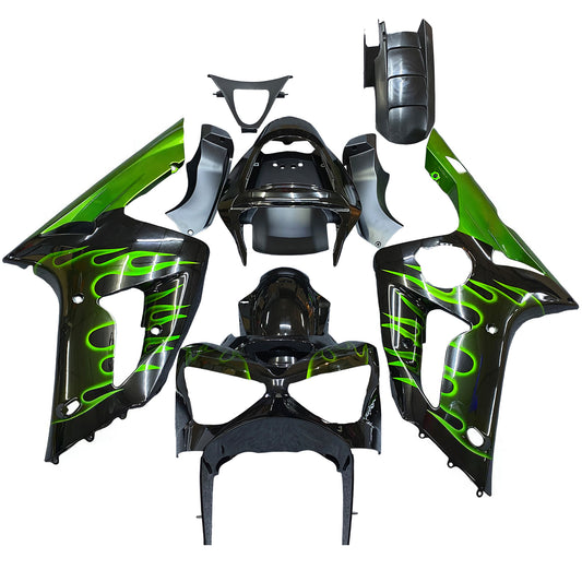Carene 2003-2004 Kawasaki ZX6R 636 Black & Green Flame Ninja Racing Generico