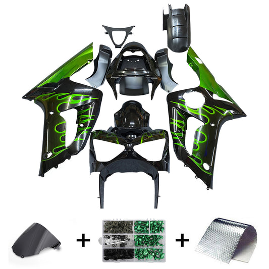 Amotopart 2003-2004 Kawasaki Zx6r Cladding Black & Green Flame Kit