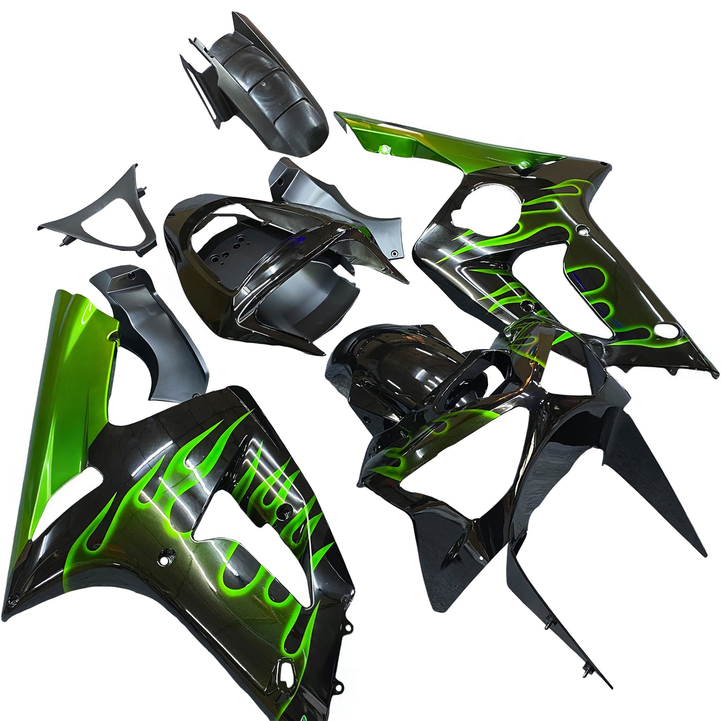 Carene 2003-2004 Kawasaki ZX6R 636 Black & Green Flame Ninja Racing Generico