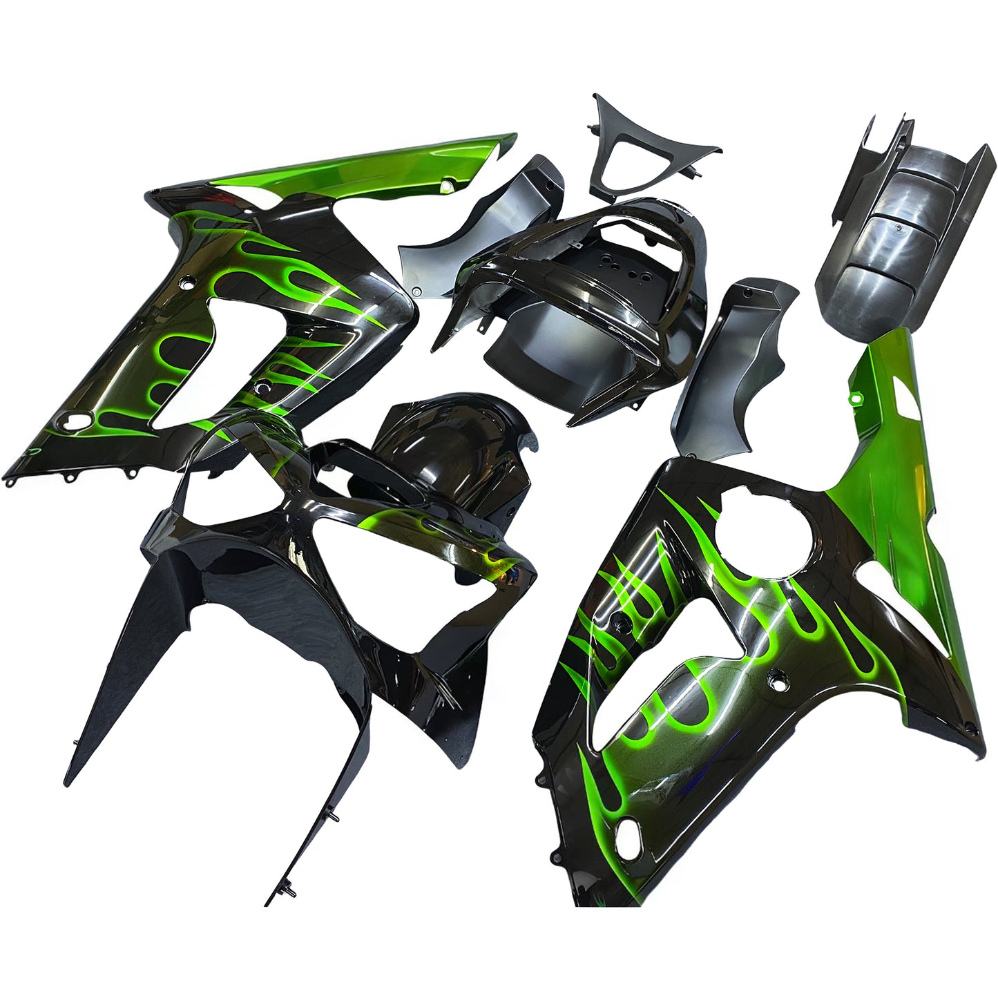Carene 2003-2004 Kawasaki ZX6R 636 Black & Green Flame Ninja Generico